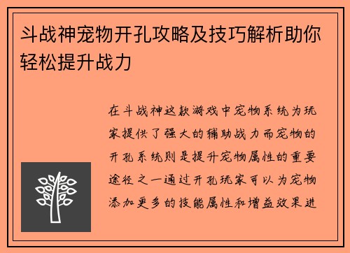 斗战神宠物开孔攻略及技巧解析助你轻松提升战力