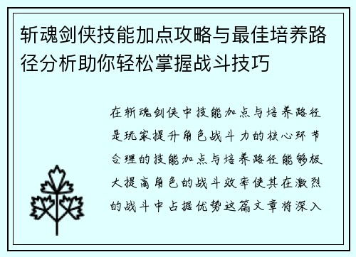 斩魂剑侠技能加点攻略与最佳培养路径分析助你轻松掌握战斗技巧